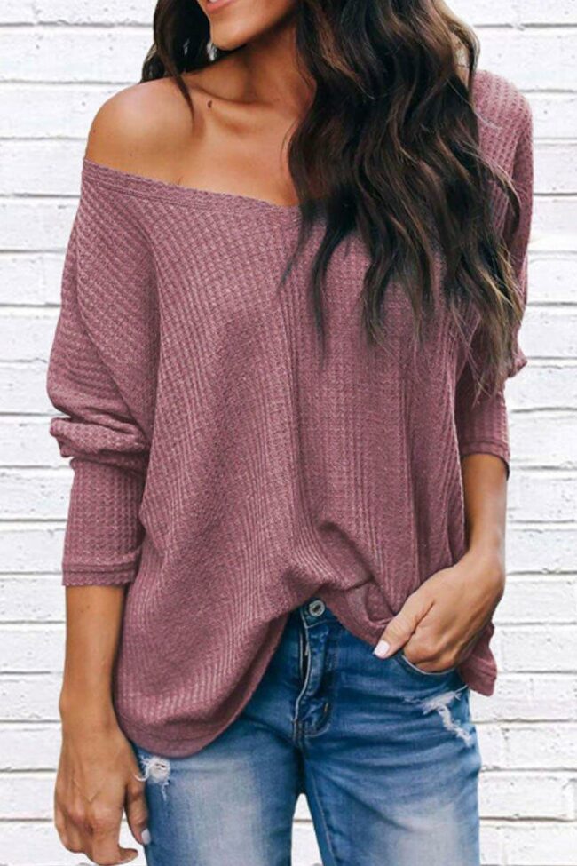 Casual V Neck Dull Red Long Sleeve Blouse
