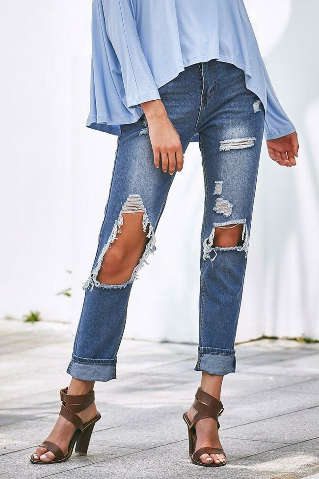 Casual Hollow-out Blue Jeans
